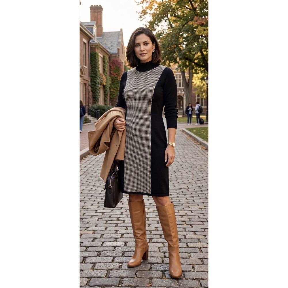 LAUREN Ralph Lauren Merino Wool Houndstooth Sweater Dress Mock Neck Black L
